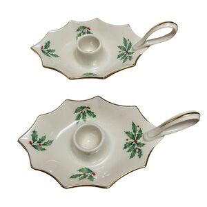 Pair Lenox Holiday Dimension Collection Leaf Shape Holly Berries Candle Sticks